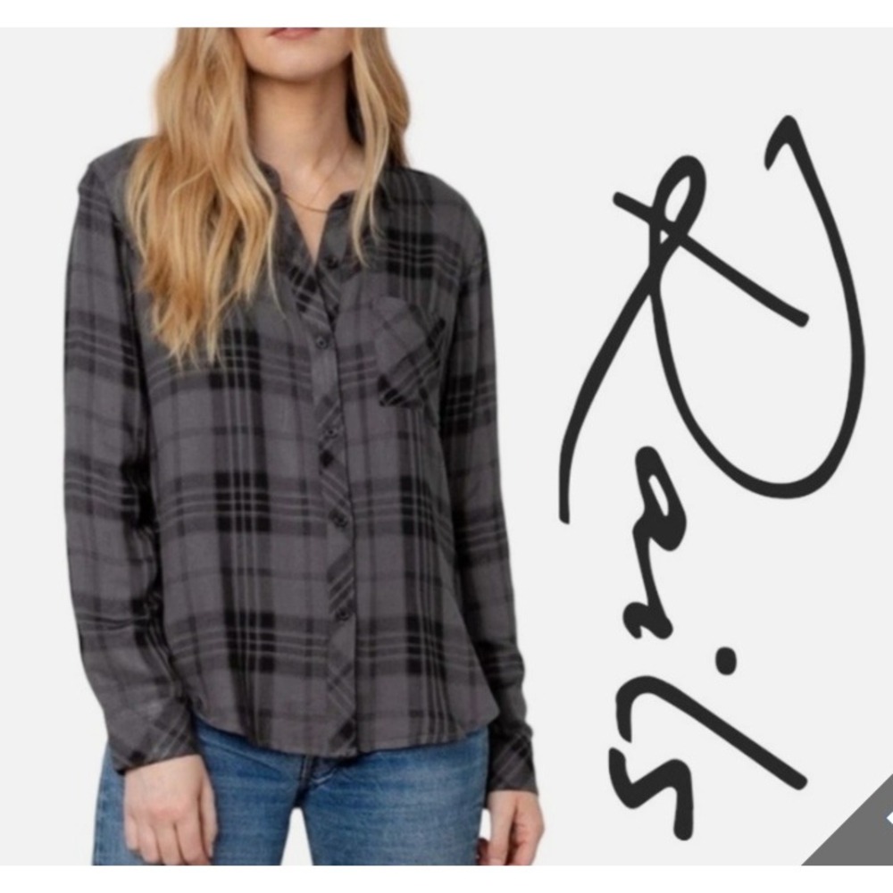 Rails Hunter Charcoal Jet Plaid Button Down Top Size Large Soft Cozy Cabin